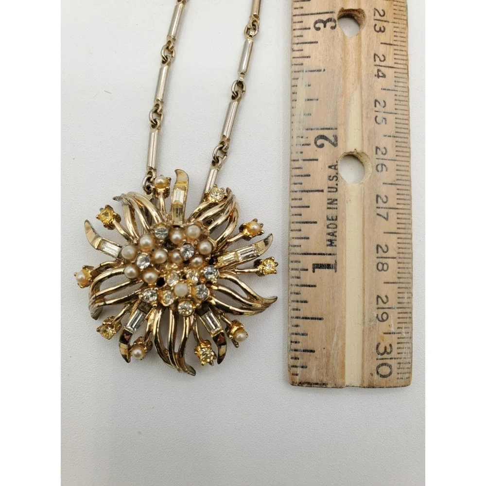 Vtg Coro Gold Tone Faux Pearls Rhinestones 14" Estate Star Burst Necklace - Picture 4 of 5